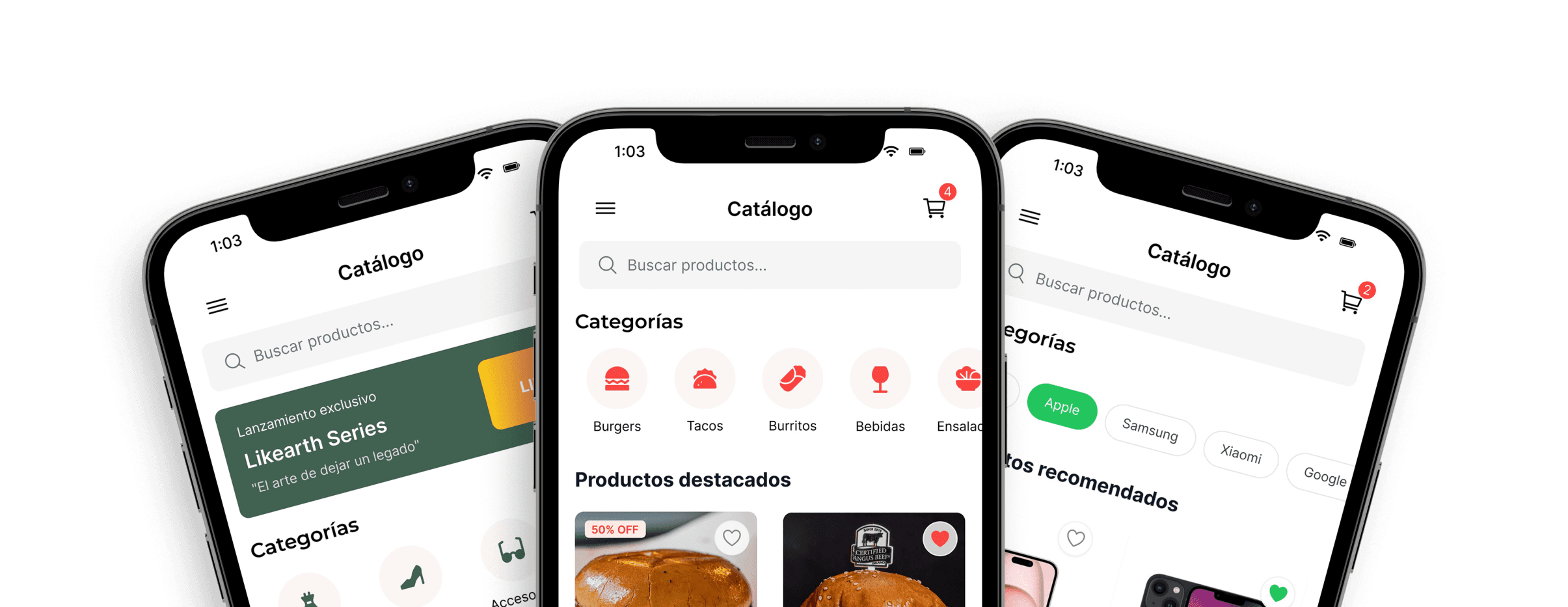 Mockups de smartphones mostrando interfaces de aplicaciones desarrolladas por Diproach