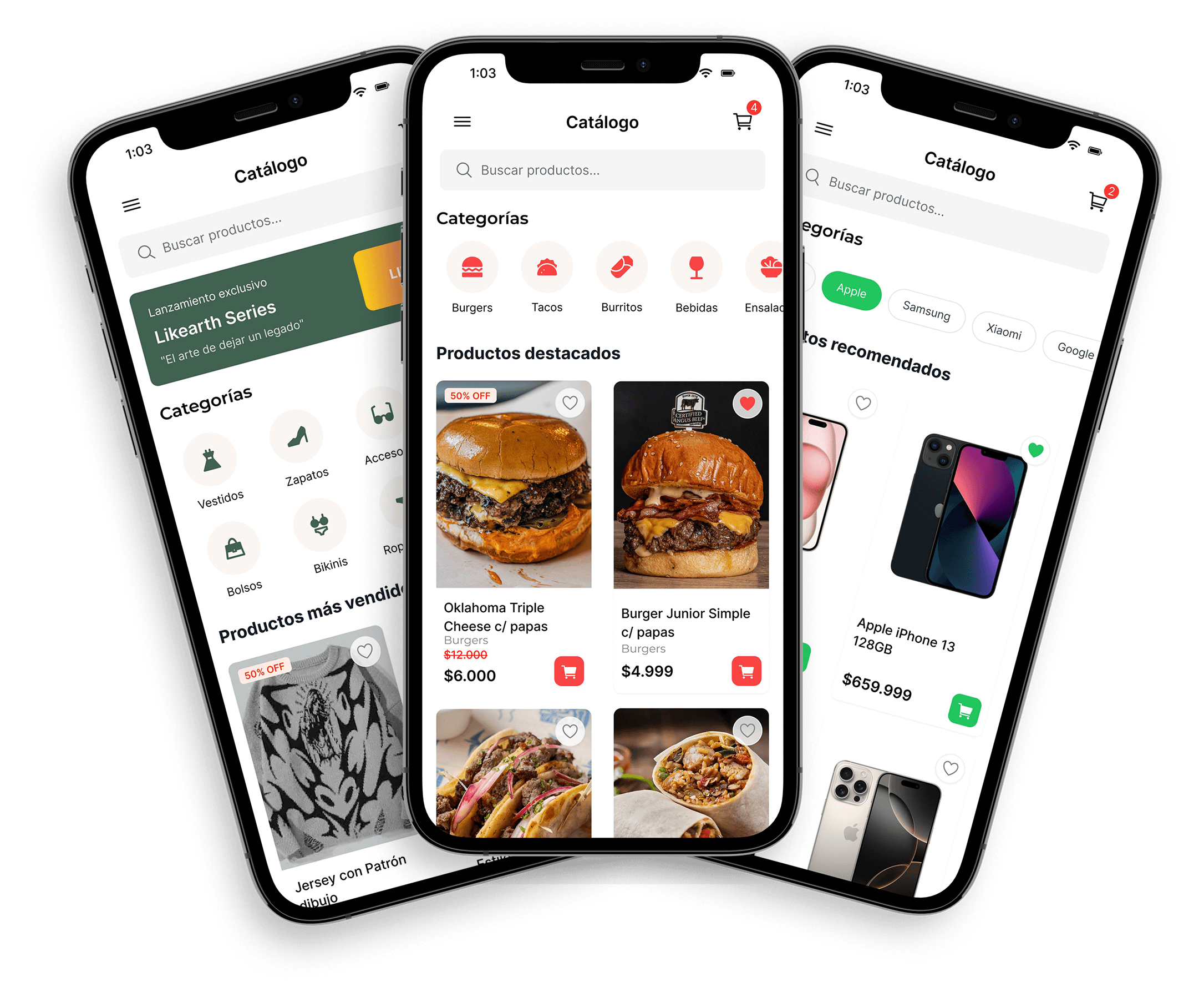 Mockups de smartphones mostrando interfaces de aplicaciones desarrolladas por Diproach